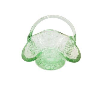 Vintage MCM petite green glass basket 3.25” High x 2.75" Wide x 3.5” Long, EUC